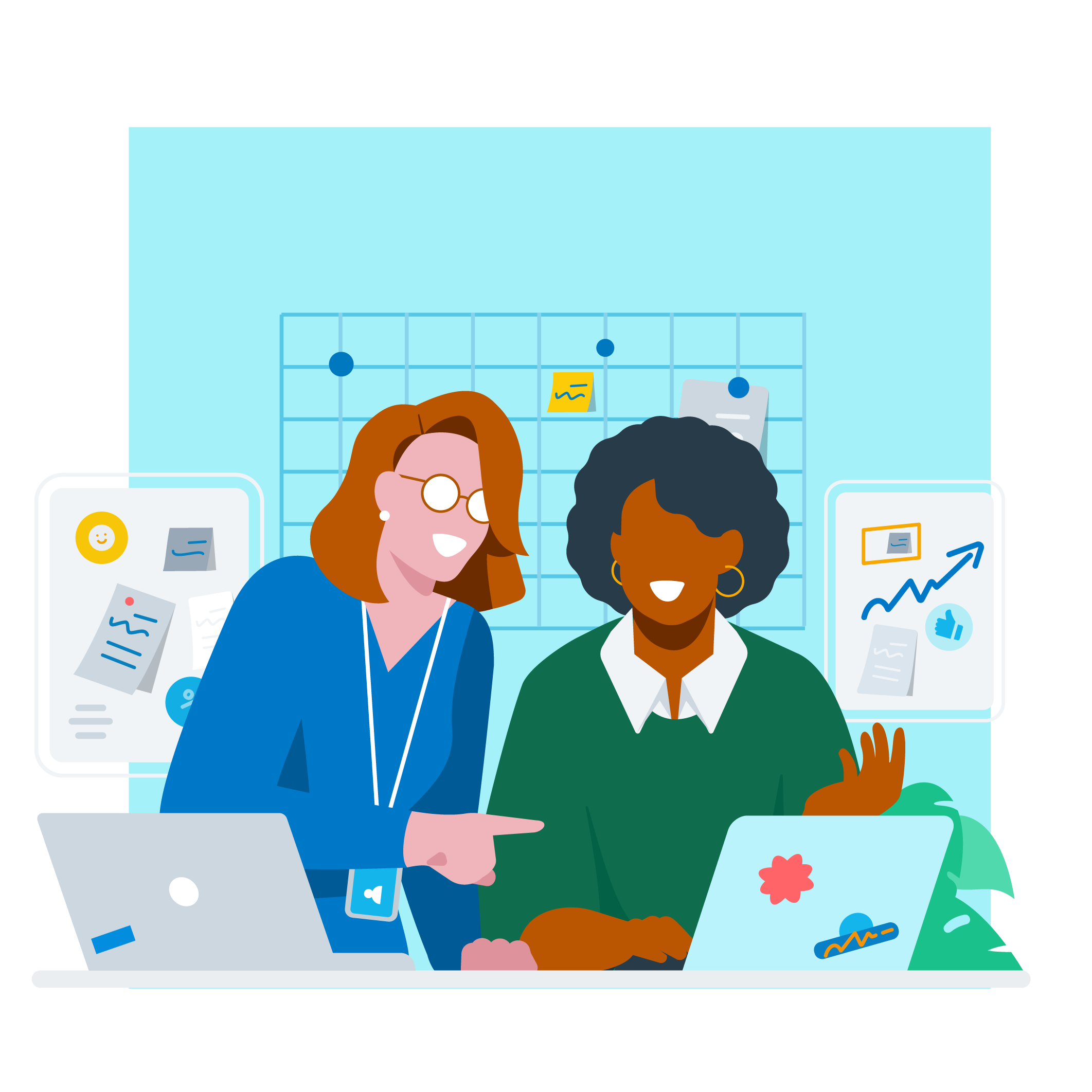A cartoon graphic of two people sitting side-by-side with their laptops open in front of them.